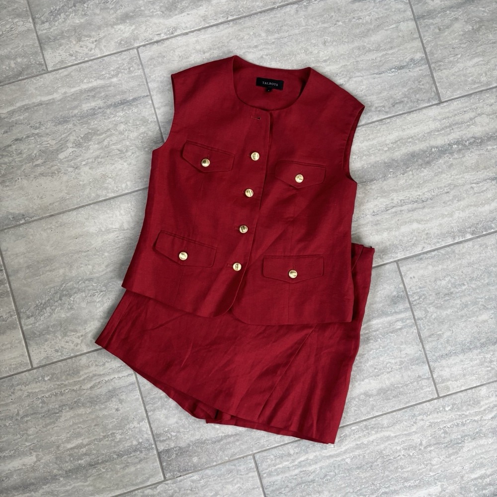 Talbots Classic Red Linen Short Vest Size 4 Preppy
